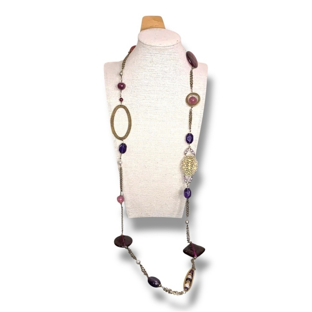 Chicos Beaded Necklace Purple Gold Bronze-look Metal 38” Length Boho Bohemian